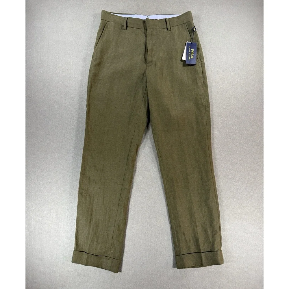 Mens Polo Ralph Lauren 100% Linen Pants In Armidillo Green Size 28x29 Cuffed
